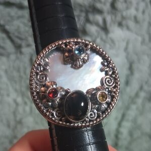Size 9, 925 Silver Cocktail Ring With Mother Of Pearl, Shungite, Topaz, Garnet,